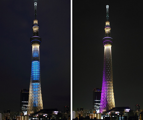 Hai màu ánh sáng Iki và Miyabi trên Tokyo Skytree. Với một số dịp đặc biệt như Olympic Tokyo 2020, màu ánh sáng có thể được đổi cho phù hợp với không khí.