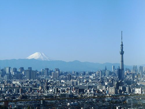 Ảnh chụp từ trên cao một phần khu vực trung tâm Tokyo. Tokyo Skytree ở phía xa với núi Phú Sĩ ở đường chân trời.