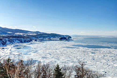 Cảnh thiên nhiên tại mũi Puyuni vào mùa đông, với những tảng băng trôi trên biển.